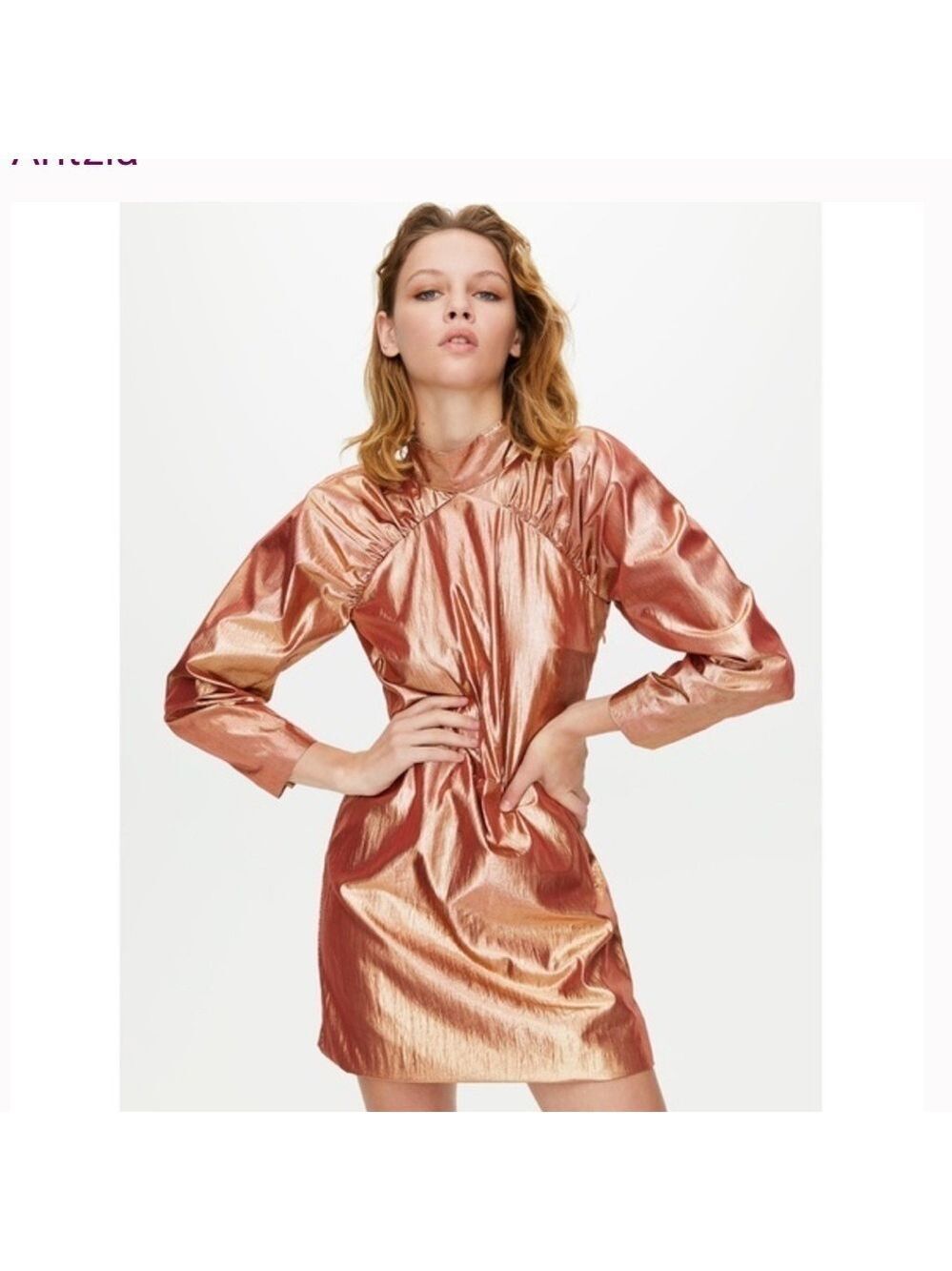 Aritzia Little Moon Sangria Metallic Long Sleeve Mini Dress in Copper Sz 2